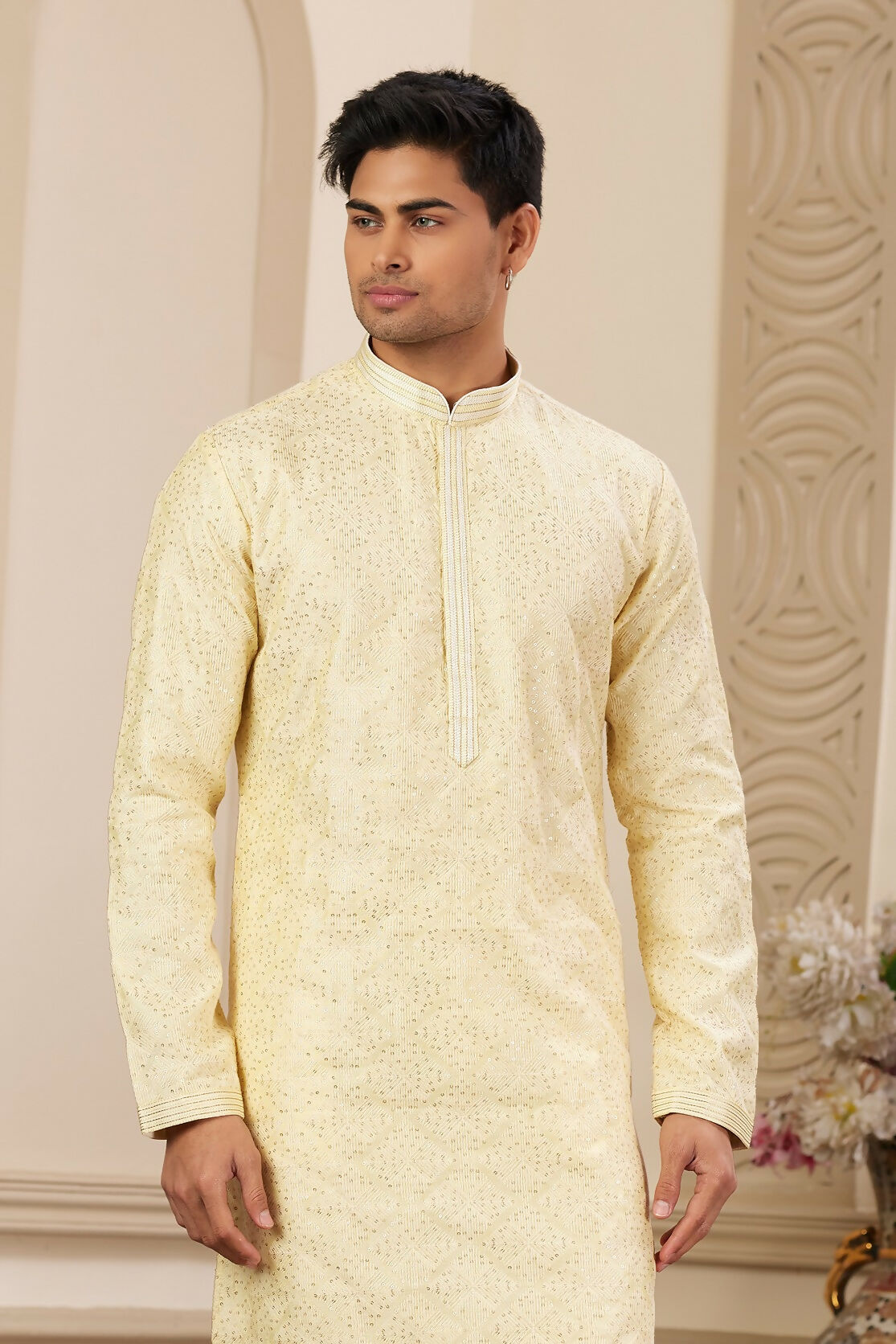 Raivat Ethnic Men's Art Silk Thread Work Kurta Pyjama In Yellow Colour