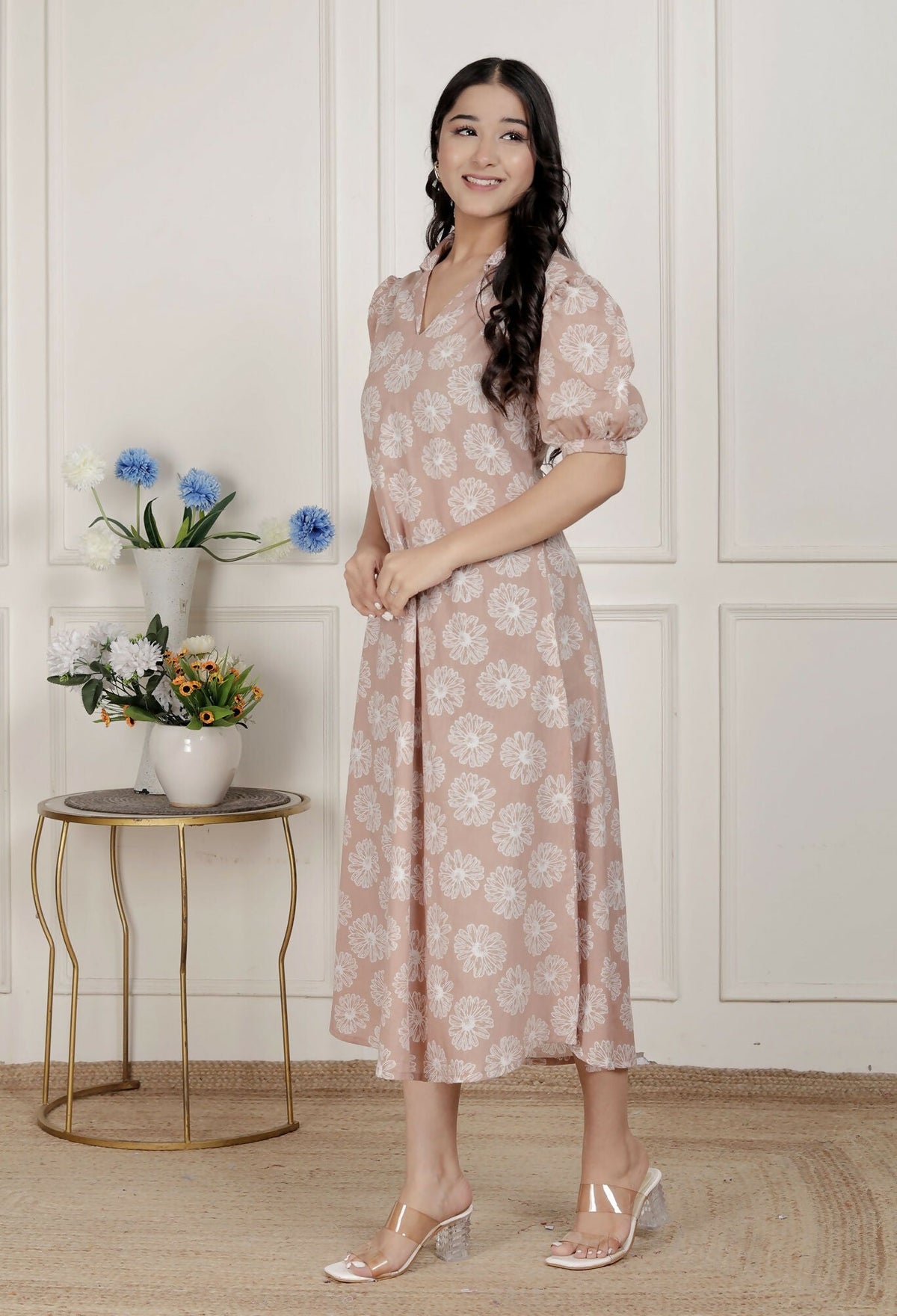 Miravan Womens Puff Sleeve Cheeku Pure Cotton Printed Maxi Dress