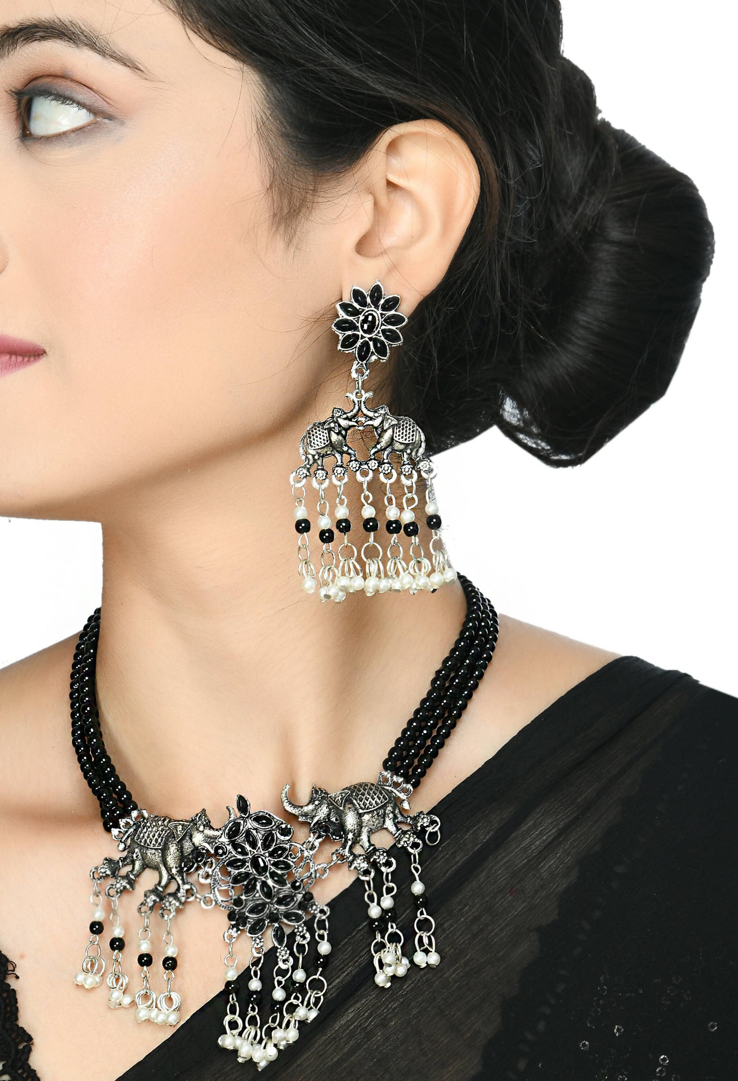 Mominos Fashion Johar Kamal Silver-Plated Brass Finish Elephant Desgin Choker For Women (Black)