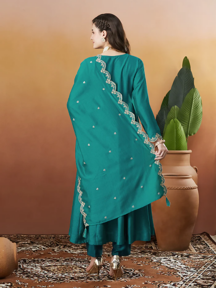 The52 Rama Women's Beautiful Vichitra Silk Fabric Embroidered Work Flared Anarkali Pant and Dupatta Set