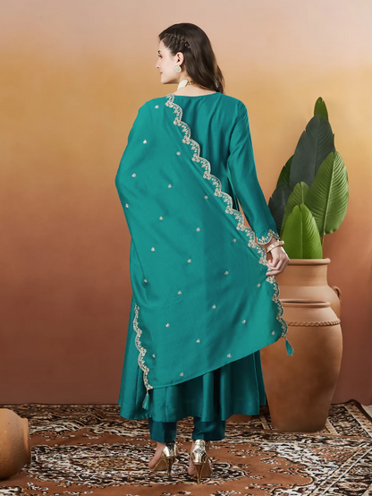 The52 Rama Women's Beautiful Vichitra Silk Fabric Embroidered Work Flared Anarkali Pant and Dupatta Set