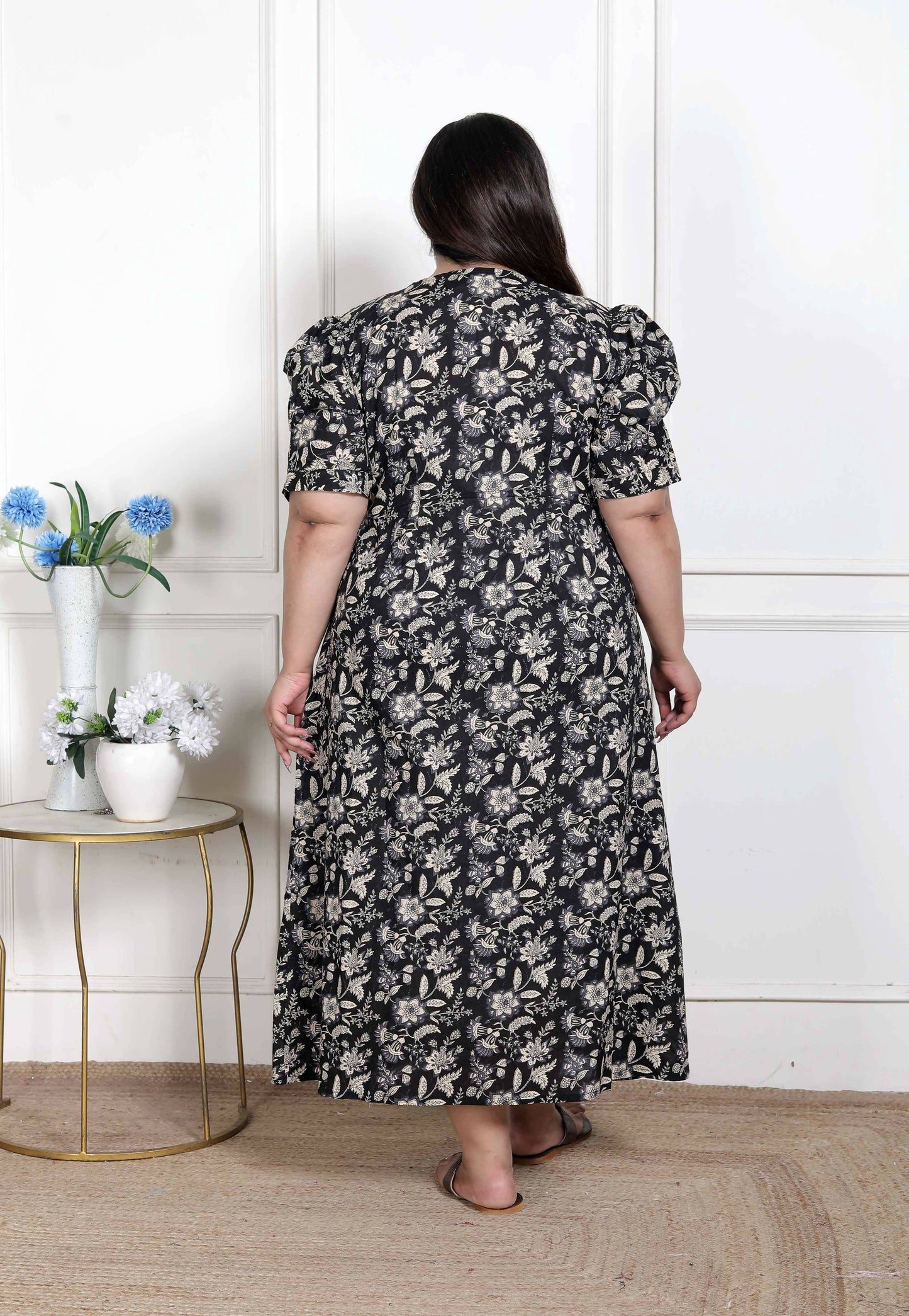 Miravan Women's Plus Size Pleated Puff Sleeve Floral Pure Cotton Black And White Butterfly Maxi Dress