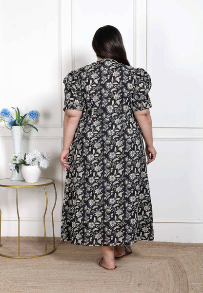 Miravan Women's Plus Size Pleated Puff Sleeve Floral Pure Cotton Black And White Butterfly Maxi Dress