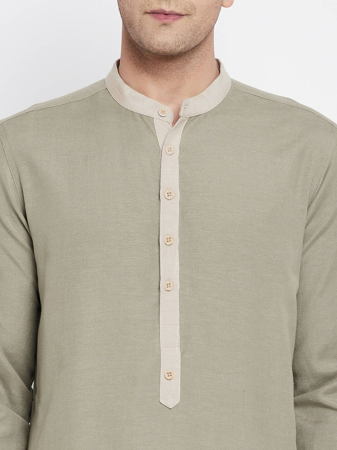 Even Apparels Green Pure Cotton Men's Kurta With Contrast Collar And Placket