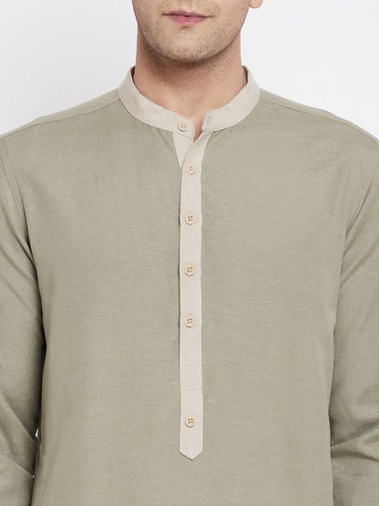 Even Apparels Green Pure Cotton Men's Kurta With Contrast Collar And Placket