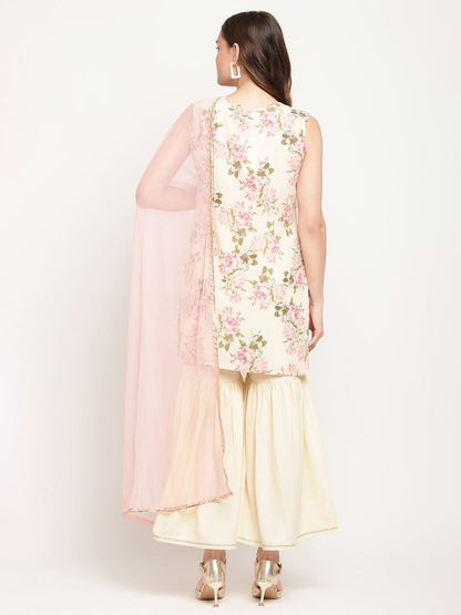 Ahalyaa Women's Beige Crepe Digital Floral Print Kurta Sharara Set with Dupatta