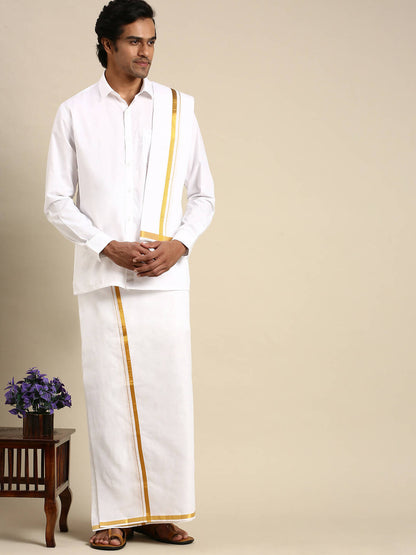 Ramraj Cotton Premium Wedding White Regular Dhoti, Shirt & Towel Set Arathi 1/2"