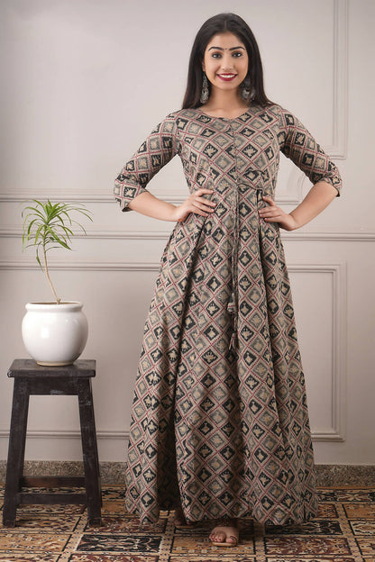 Partywear Designer Hand Screen and Foil Print Multi Pure chanderi Gown - Anbazaar