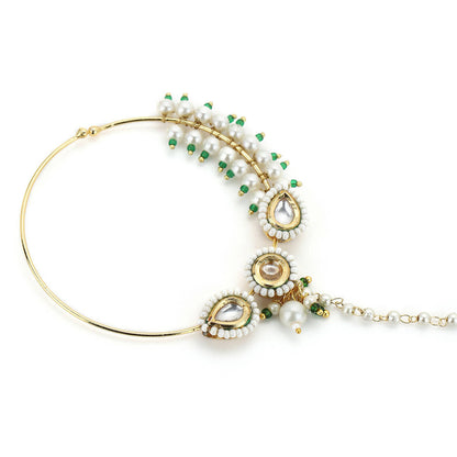 Gold-Polished White Kundan Studded Pearl Beaded Nose Pin - Ruby Raang