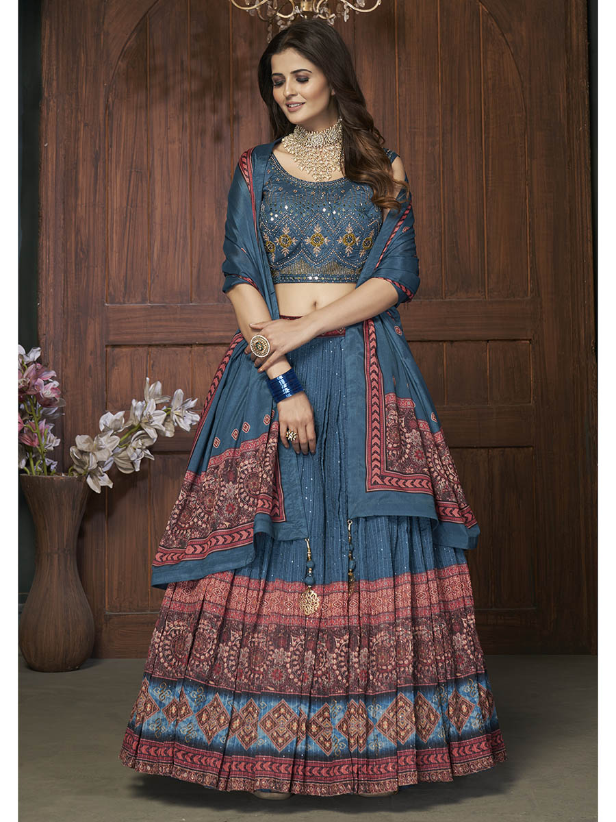 Myra Aequa blue Chinon Embroidered Designer Lehenga