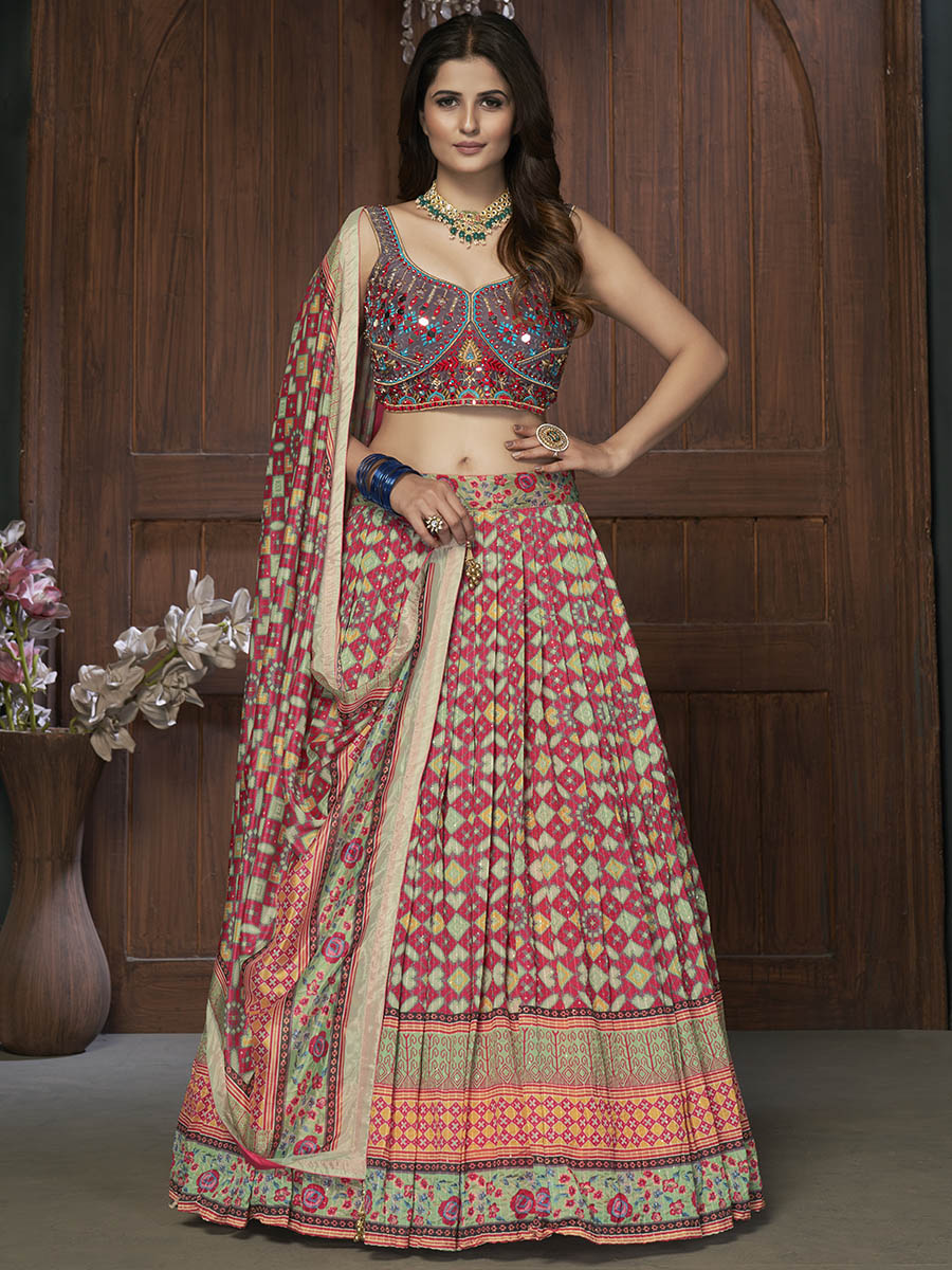 Myra Multicolor Silk and Chinon Embroidered Designer Lehenga