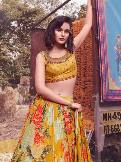 Myra Yellow Art Silk Embroidered Designer Lehenga