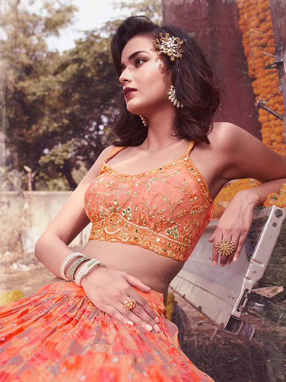 Myra Peach Chinon Embroidered Designer Lehenga