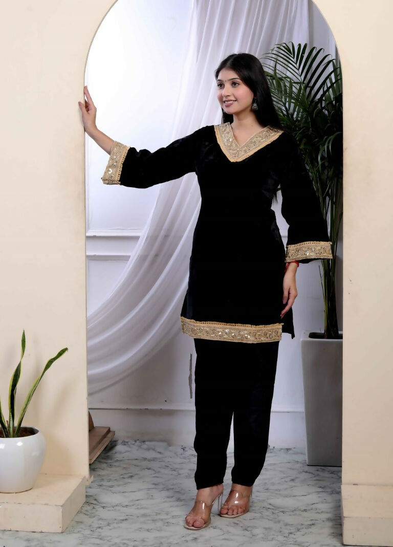 Miravan Women's Black Velvet Dreams Embroidered Co-ord Set