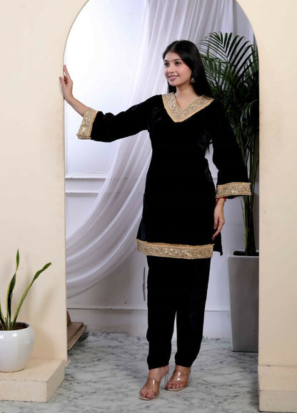Miravan Women's Black Velvet Dreams Embroidered Co-ord Set
