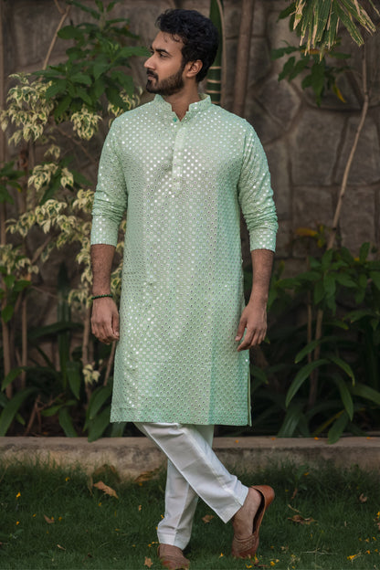 Pista Green Mirror Designer Men's Kurta by Hilo Design