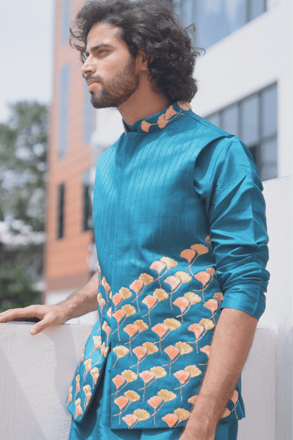 Peacock Blue Designer Men's Nehru Jacket by Hilo Design