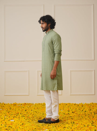 Jompers Men's Pista Green Chikankari Embroidered and Sequence Kurta