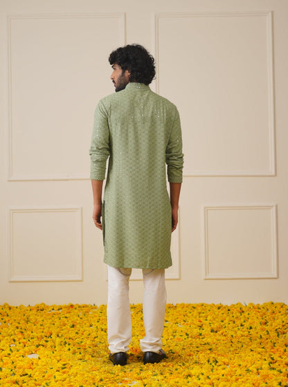 Jompers Men's Pista Green Chikankari Embroidered and Sequence Kurta