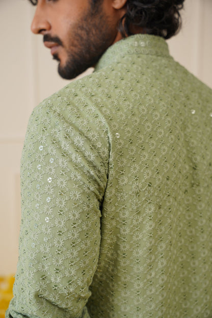 Jompers Men's Pista Green Chikankari Embroidered and Sequence Kurta
