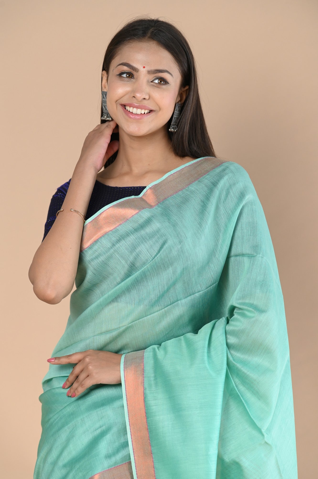 Very Much Indian Handloom Cotton Silk Saree With Sleek Golden Border - teal green