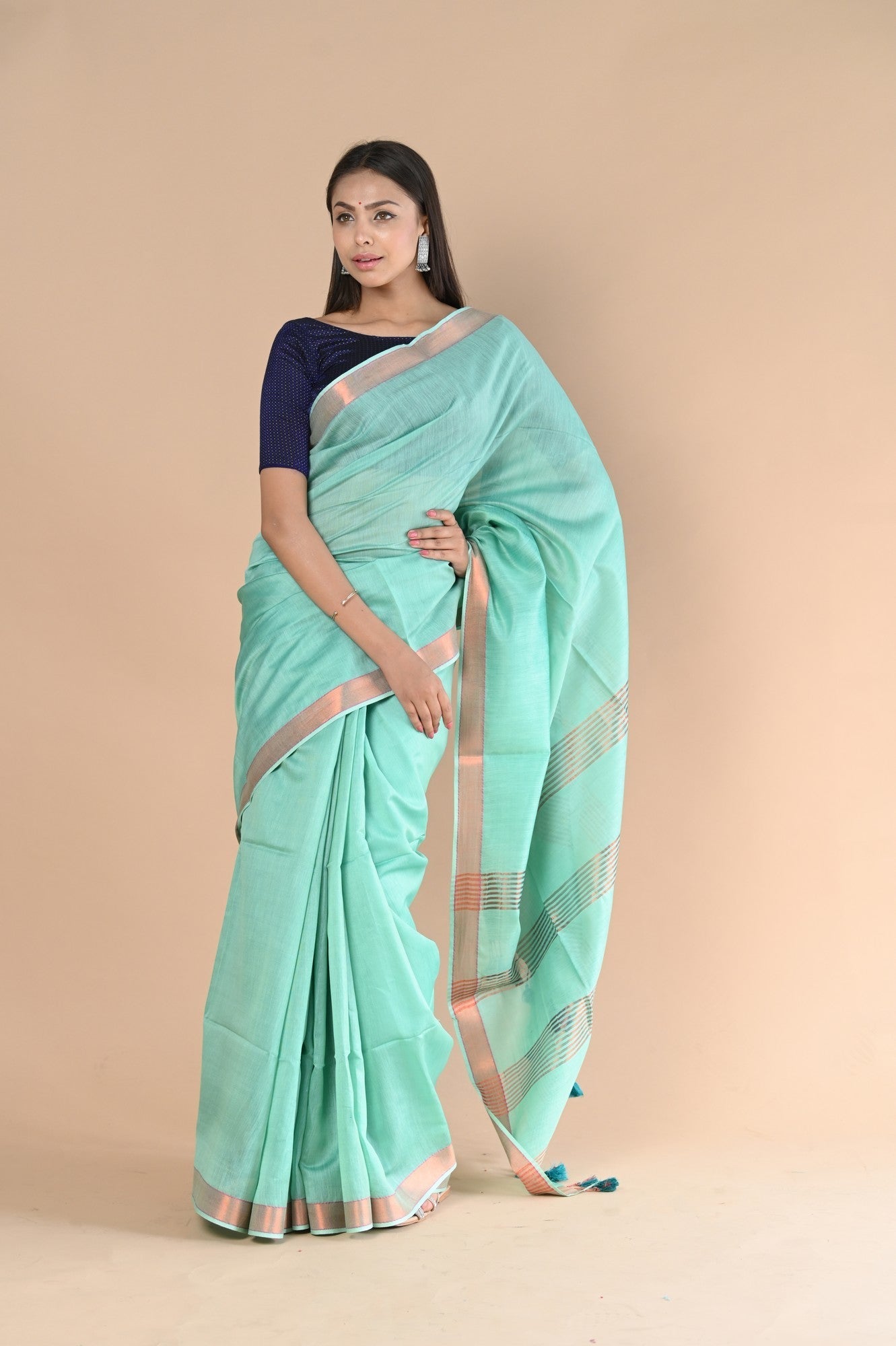 Very Much Indian Handloom Cotton Silk Saree With Sleek Golden Border - teal green