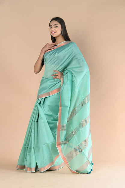 Very Much Indian Handloom Cotton Silk Saree With Sleek Golden Border - teal green