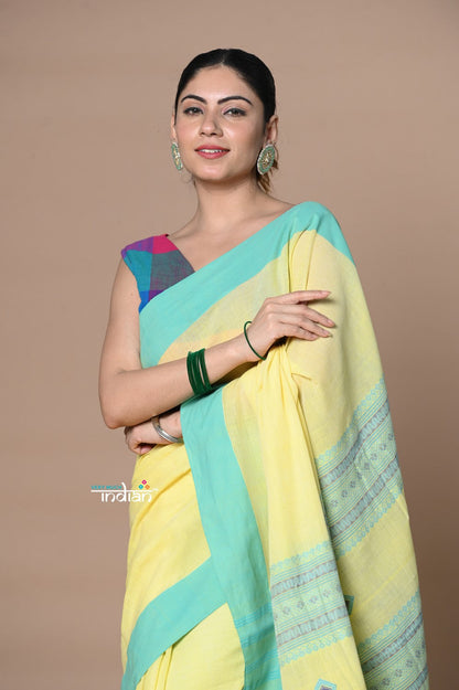 Very Much Indian Rajsi - Handloom Pure Cotton Saree with Classic Border and Pallu - Yellow