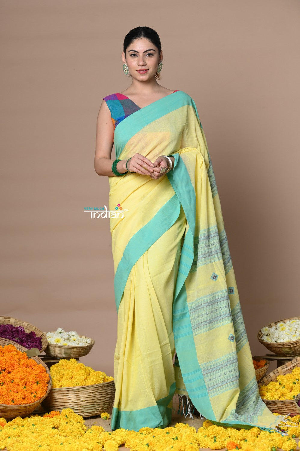 Very Much Indian Rajsi - Handloom Pure Cotton Saree with Classic Border and Pallu - Yellow