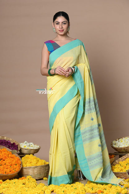 Very Much Indian Rajsi - Handloom Pure Cotton Saree with Classic Border and Pallu - Yellow