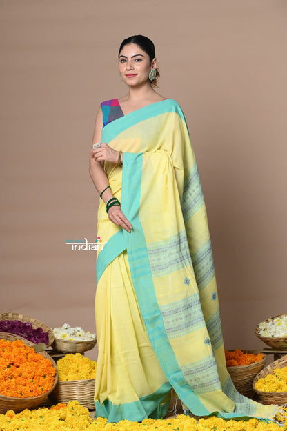 Very Much Indian Rajsi - Handloom Pure Cotton Saree with Classic Border and Pallu - Yellow
