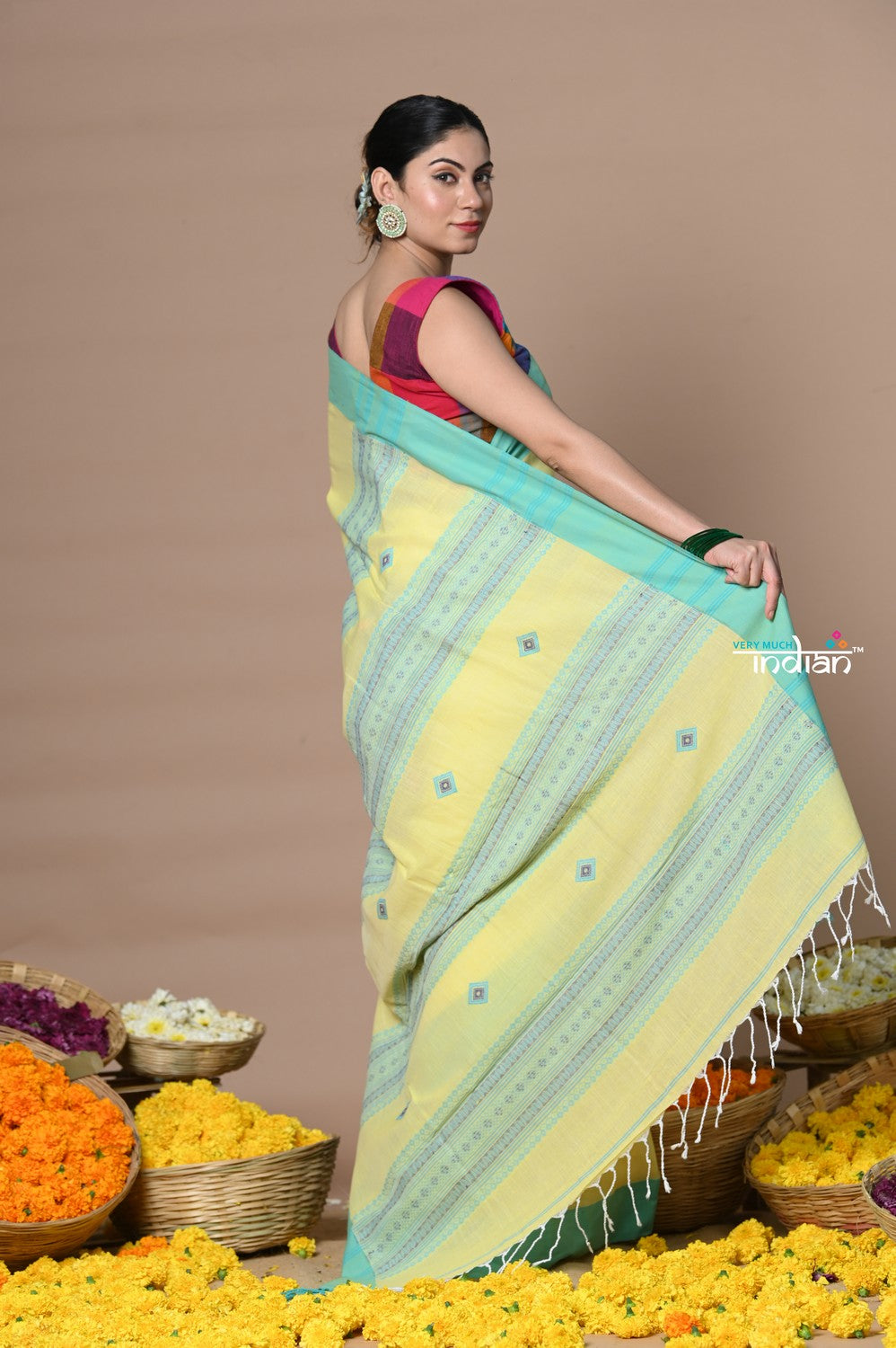 Very Much Indian Rajsi - Handloom Pure Cotton Saree with Classic Border and Pallu - Yellow