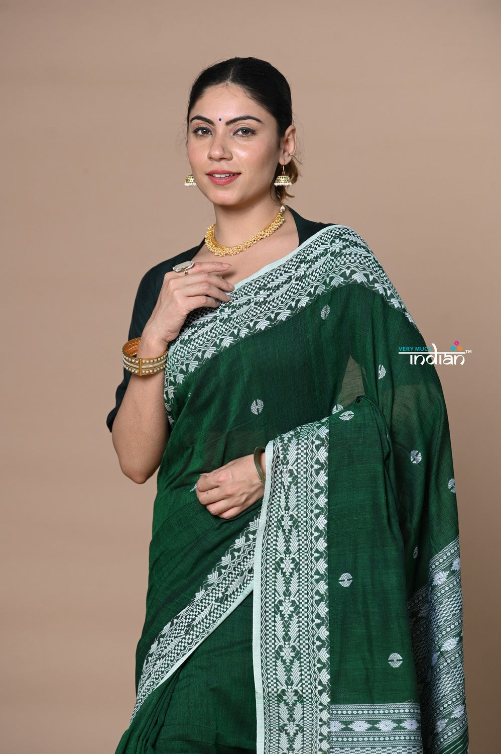 Very Much Indian Rajsi - Handloom Pure Cotton Saree with Hand-embroidered Symmetric Border - Green