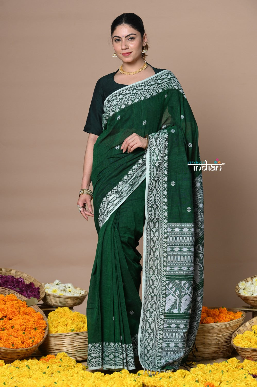 Very Much Indian Rajsi - Handloom Pure Cotton Saree with Hand-embroidered Symmetric Border - Green