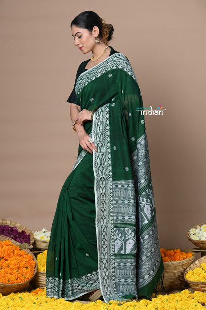 Very Much Indian Rajsi - Handloom Pure Cotton Saree with Hand-embroidered Symmetric Border - Green