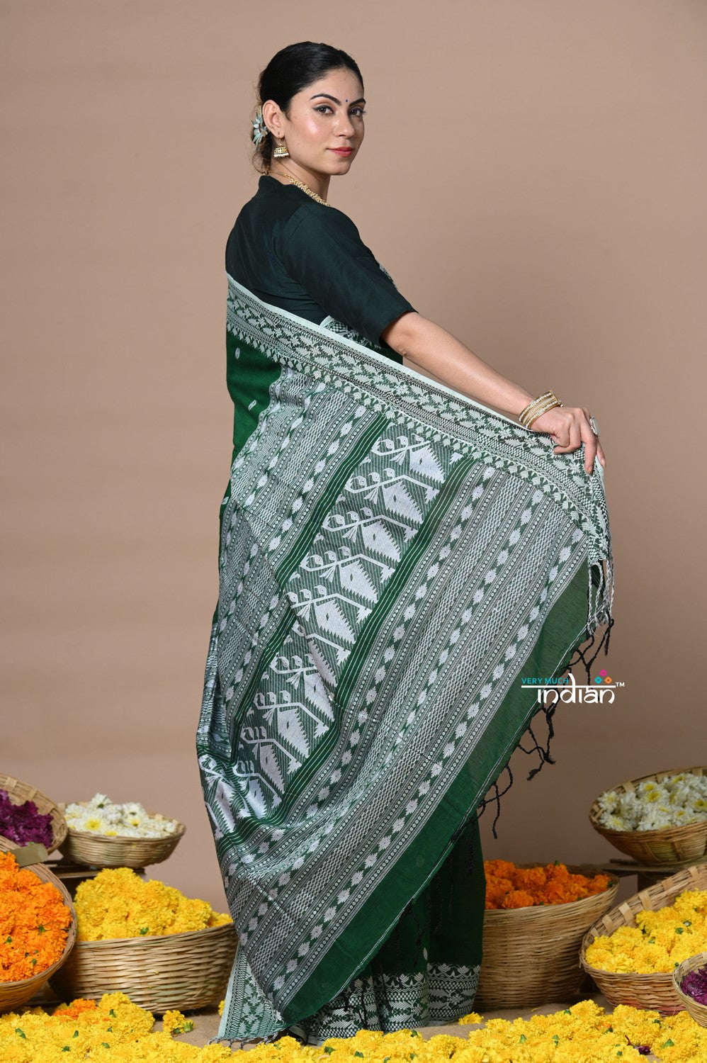 Very Much Indian Rajsi - Handloom Pure Cotton Saree with Hand-embroidered Symmetric Border - Green