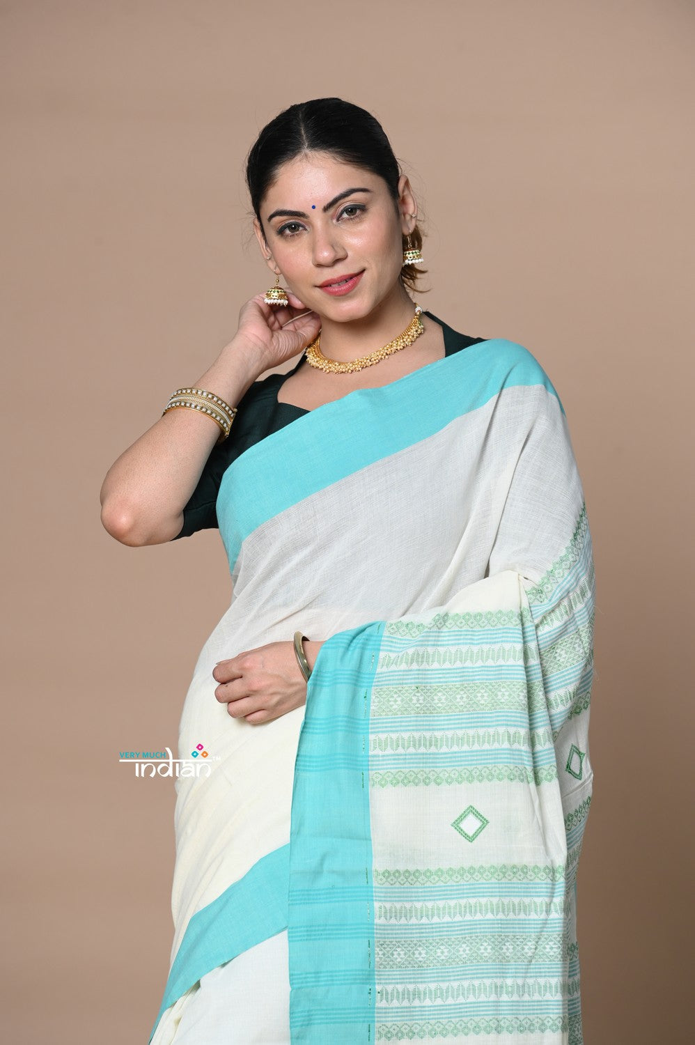 Very Much Indian Rajsi - Handloom Pure Cotton Saree with Classic Border and Pallu - White