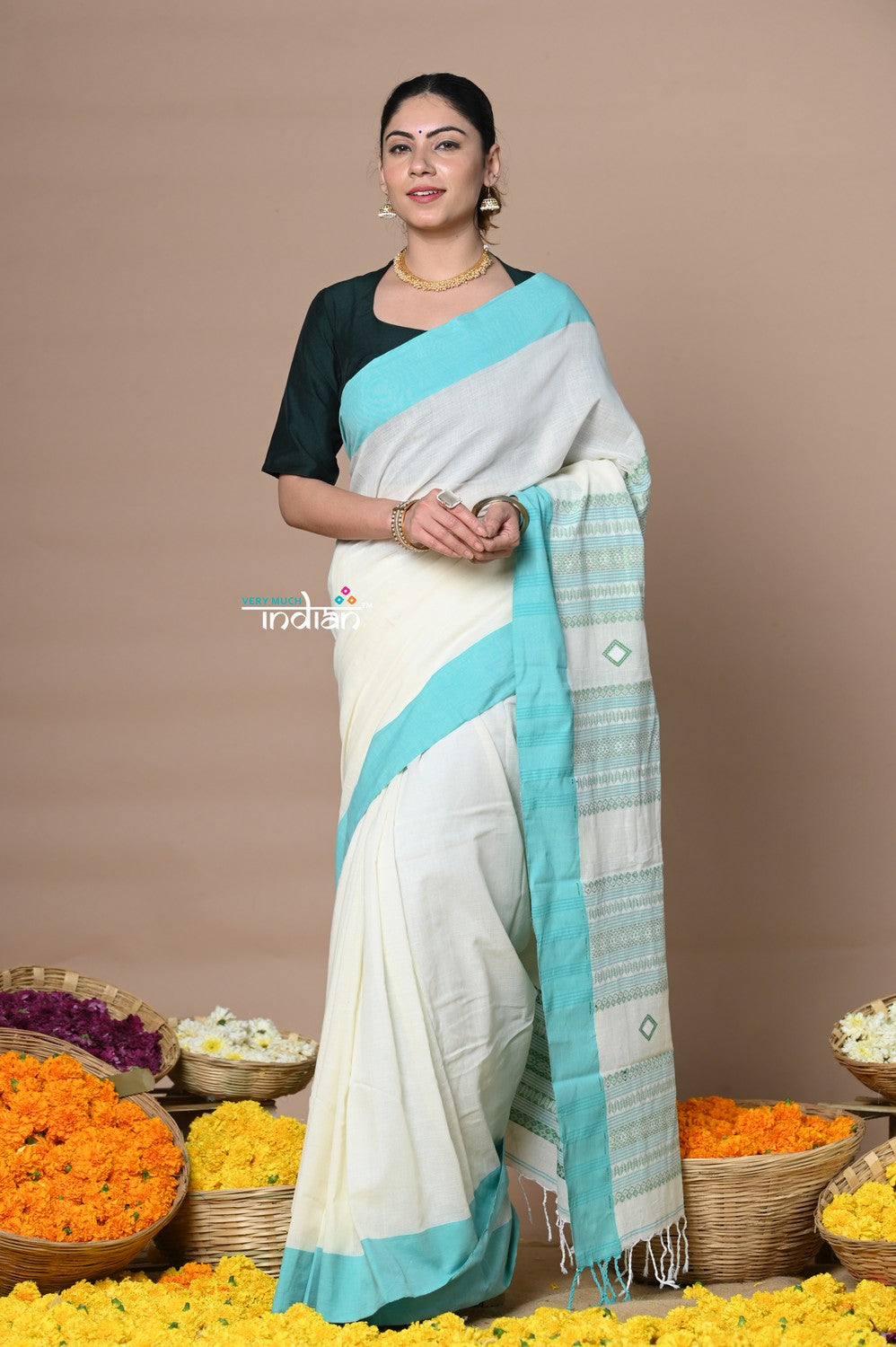 Very Much Indian Rajsi - Handloom Pure Cotton Saree with Classic Border and Pallu - White