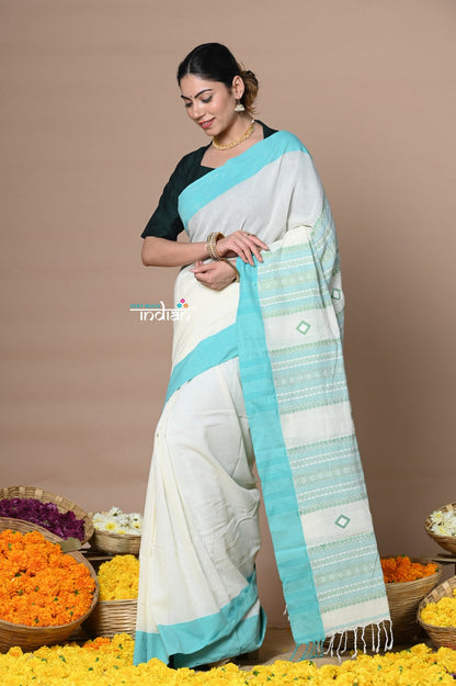 Very Much Indian Rajsi - Handloom Pure Cotton Saree with Classic Border and Pallu - White