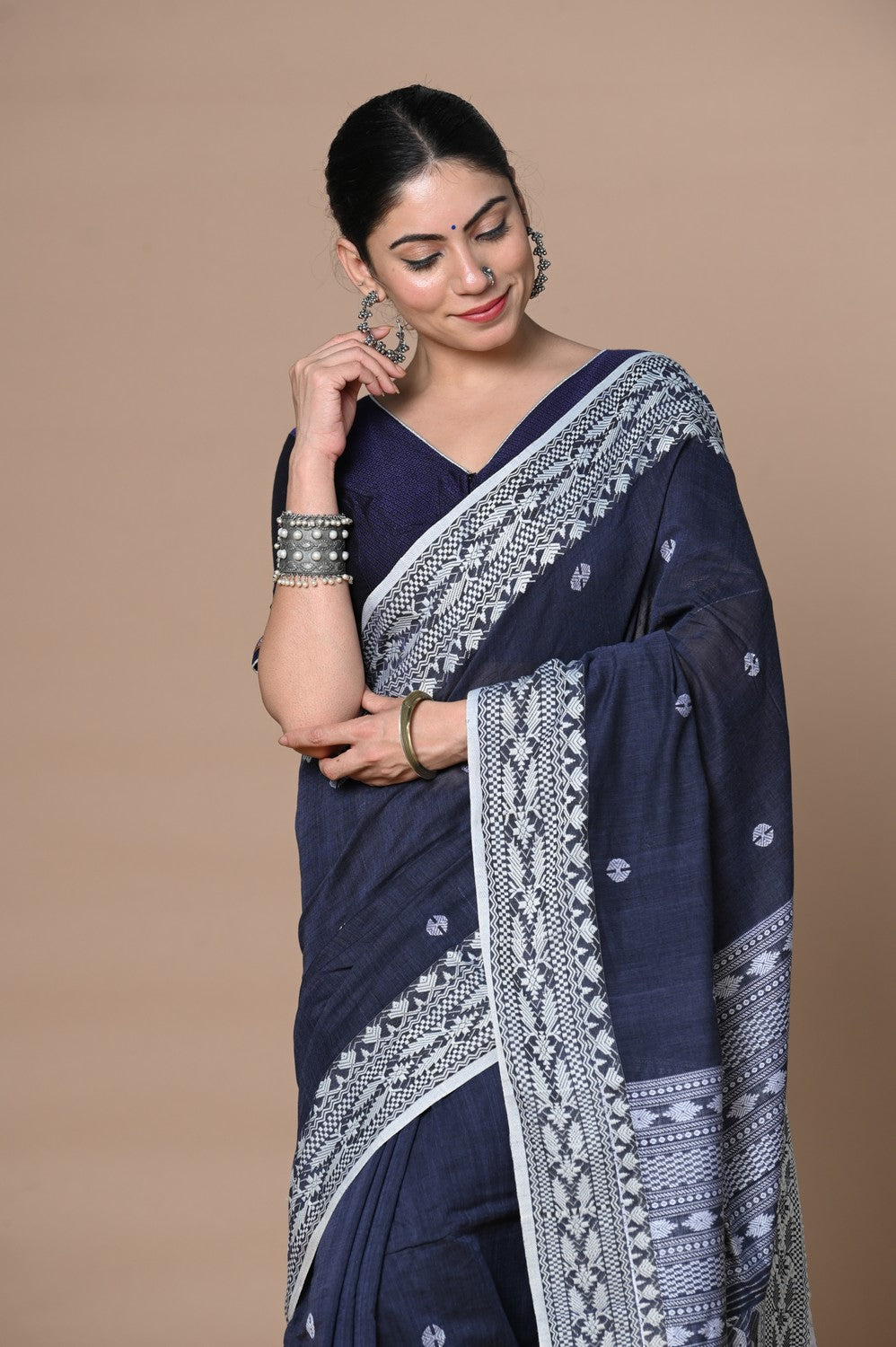 Very Much Indian Rajsi - Handloom Pure Cotton Saree with Hand-embroidered Symmetric Border - Dark Blue