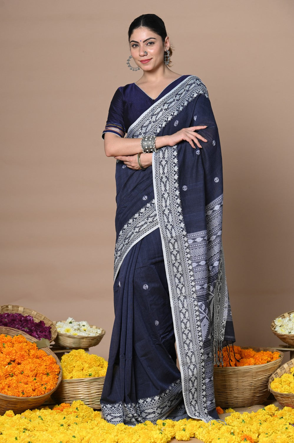 Very Much Indian Rajsi - Handloom Pure Cotton Saree with Hand-embroidered Symmetric Border - Dark Blue