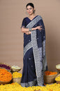 Very Much Indian Rajsi - Handloom Pure Cotton Saree with Hand-embroidered Symmetric Border - Dark Blue