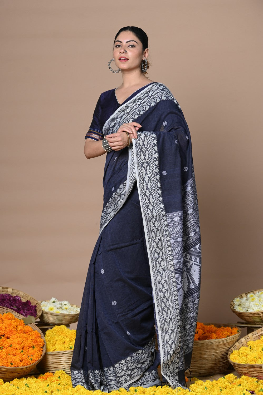 Very Much Indian Rajsi - Handloom Pure Cotton Saree with Hand-embroidered Symmetric Border - Dark Blue