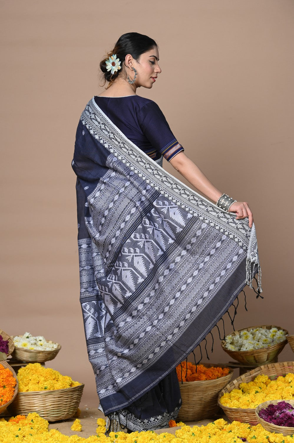 Very Much Indian Rajsi - Handloom Pure Cotton Saree with Hand-embroidered Symmetric Border - Dark Blue