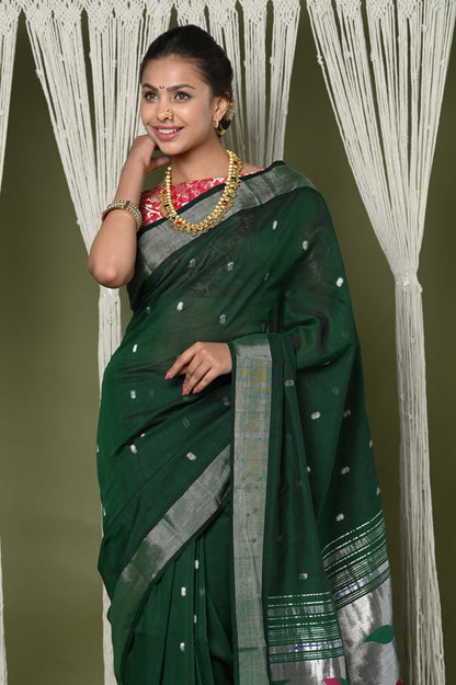Very Much Indian EXCLUSIVE! Silver Zari Handloom Pure Cotton Paithani With Parrot Pallu - Forest Green