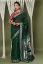 Very Much Indian EXCLUSIVE! Silver Zari Handloom Pure Cotton Paithani With Parrot Pallu - Forest Green