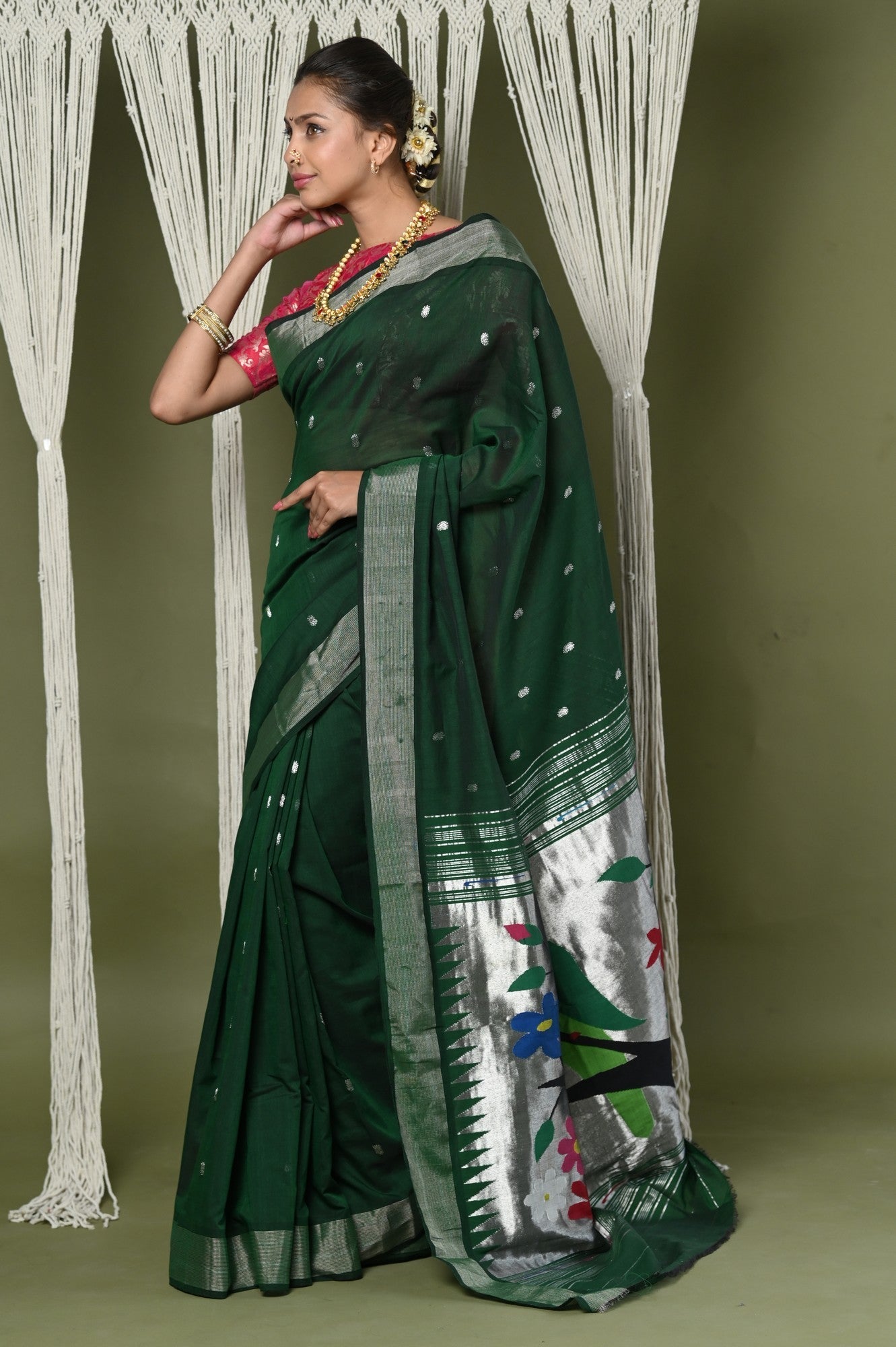 Very Much Indian EXCLUSIVE! Silver Zari Handloom Pure Cotton Paithani With Parrot Pallu - Forest Green