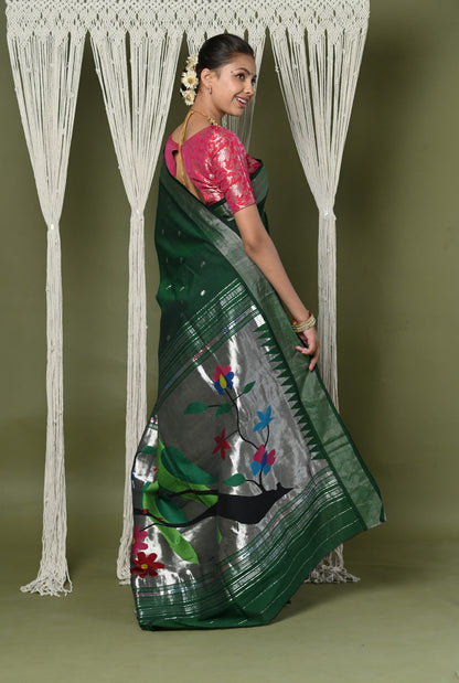 Very Much Indian EXCLUSIVE! Silver Zari Handloom Pure Cotton Paithani With Parrot Pallu - Forest Green