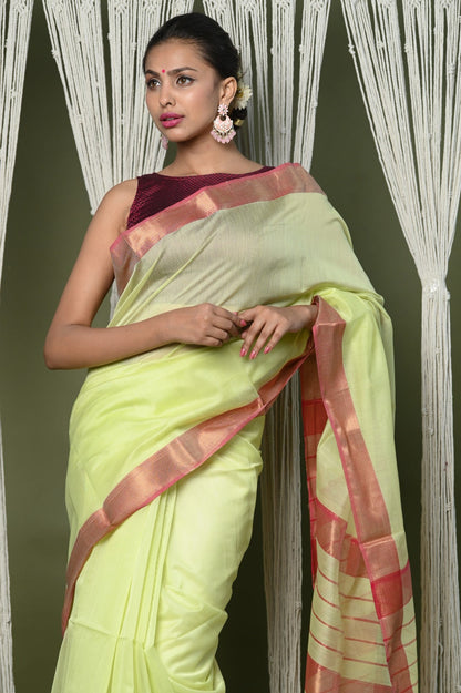 Very Much Indian Handloom Cotton Silk Saree With Sleek Golden Border - chartreuse green