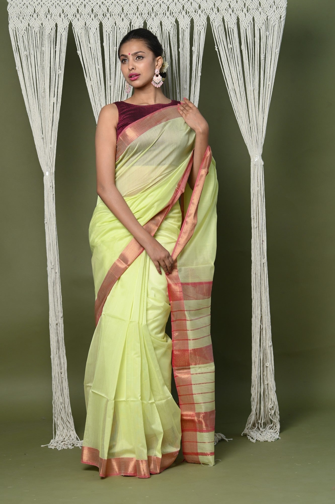 Very Much Indian Handloom Cotton Silk Saree With Sleek Golden Border - chartreuse green
